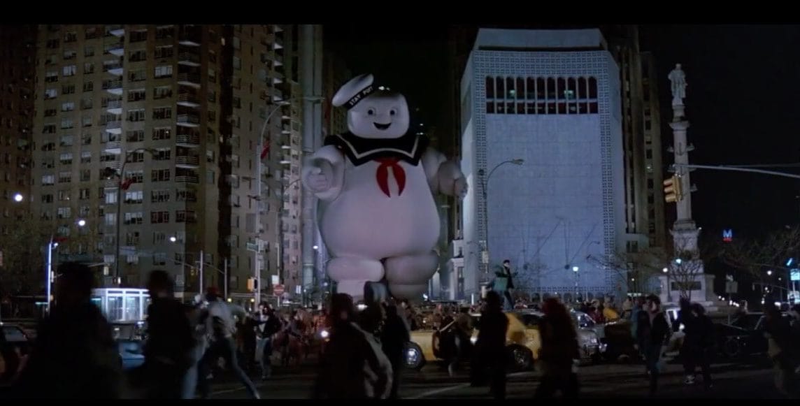 Scene of Marshmallow Man at Columbus Circle New York