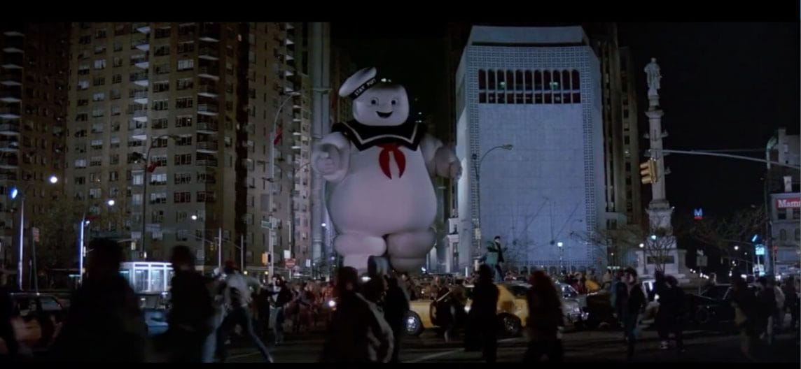 Scene of Marshmallow Man at Columbus Circle New York