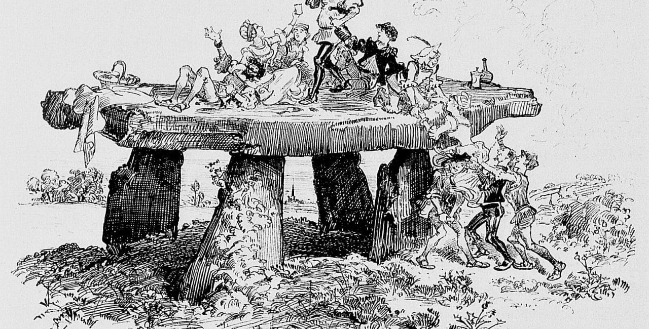 Sur la pierre levée, Illustration du chapitre V du roman Pantagruel de Rabelais par Robida (Crédit Wiki Commons / Bnf)