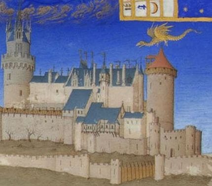 Les Très Riches Heures du duc de Berry, mois de mars, détail, Le dragon volant Mélusine est representé avec le château de Lusignan (https://l-arbre-de-vie.webnode.fr/melusine)
