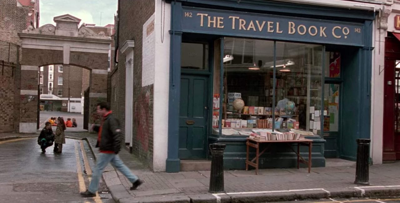 Scene in front of The Travel Book Shop in Notting Hill
