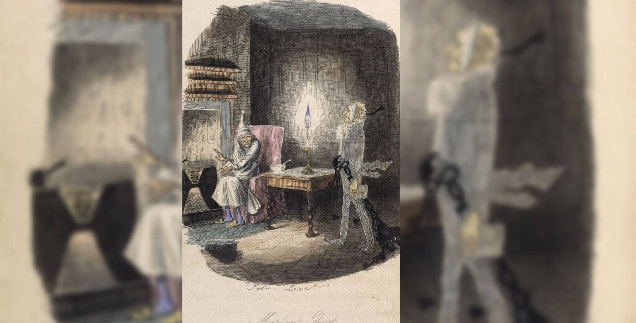 Marley's Ghost. Ebenezer Scrooge visited by a ghost. Colour illustration from 'A Christmas Carol in prose. Being a Ghost-story of Christmas', by Charles Dickens, With illustrations by John Leech (Public Domain)